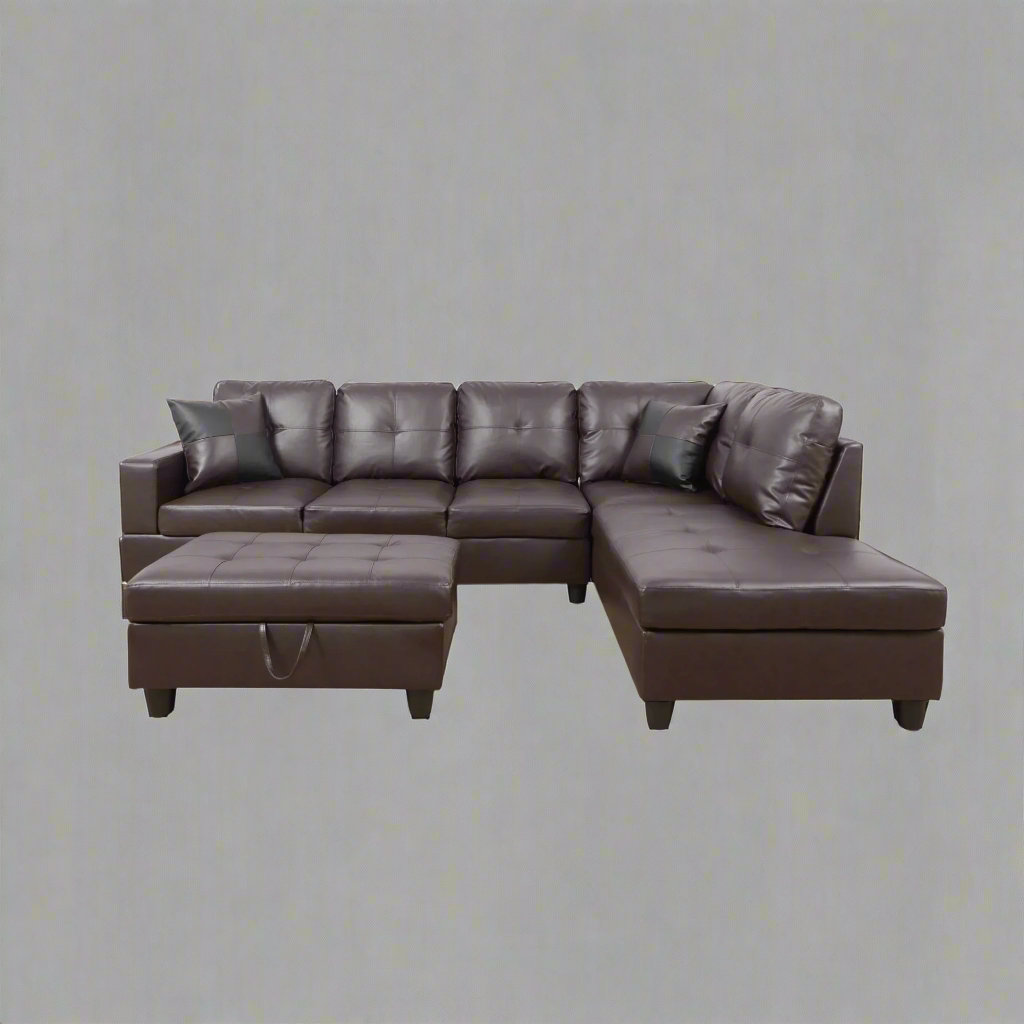 Modern L-Shaped Sectional Sofa with Ottoman - Right Facing Configuration

Living Room Setup with Black L-Shaped Sectional and Ottoman

Tufted Cushion Detail on Modern Sectional Sofa

Family Room with White L-Shaped Sectional Sofa