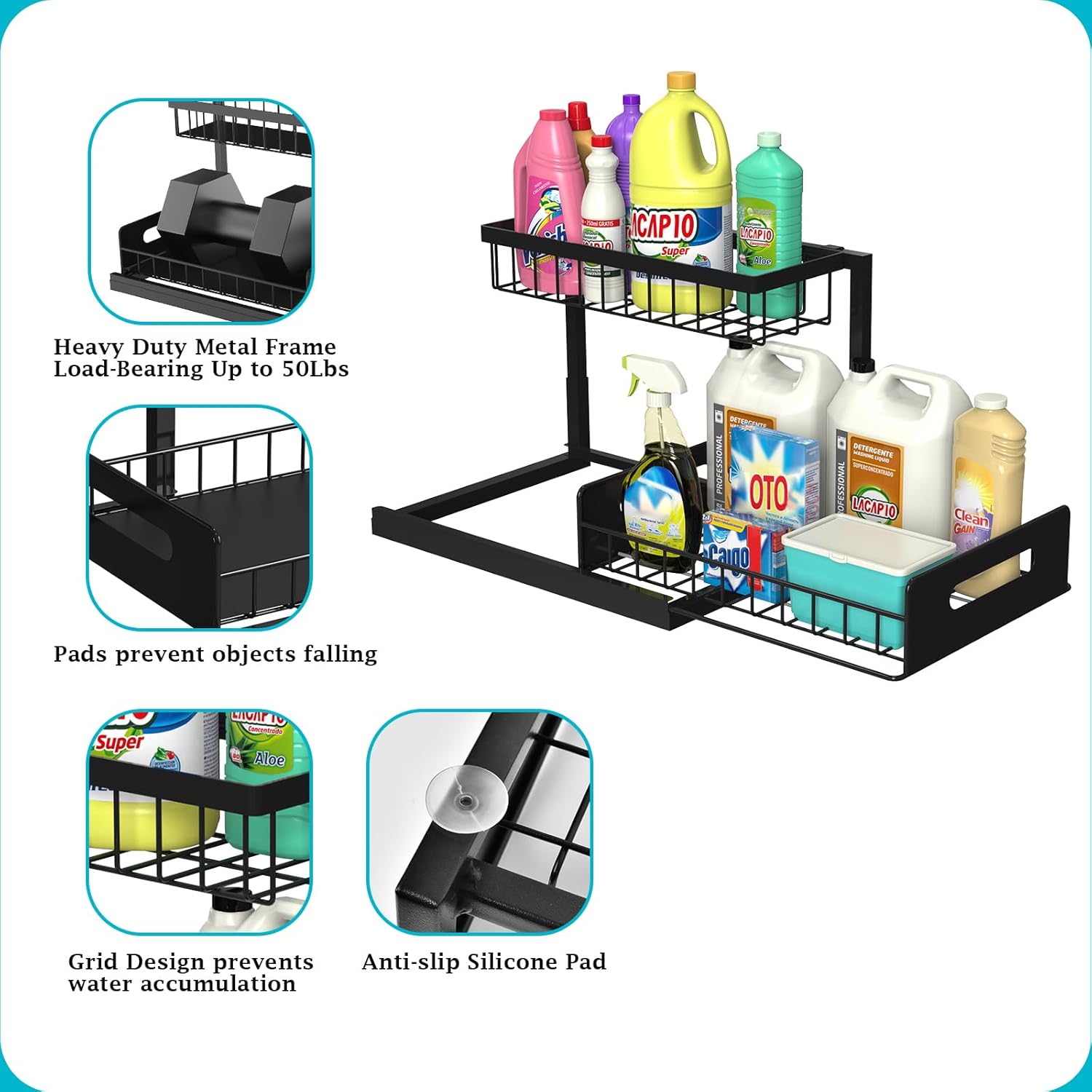 L-shaped under sink organizer with sliding drawer and tall bottles

Organizer under kitchen sink showing fit around plumbing

Close-up of smooth-sliding drawer design

Organizer loaded with cleaning supplies and sponges

Multi-angle view of assembled rack in modern kitchen