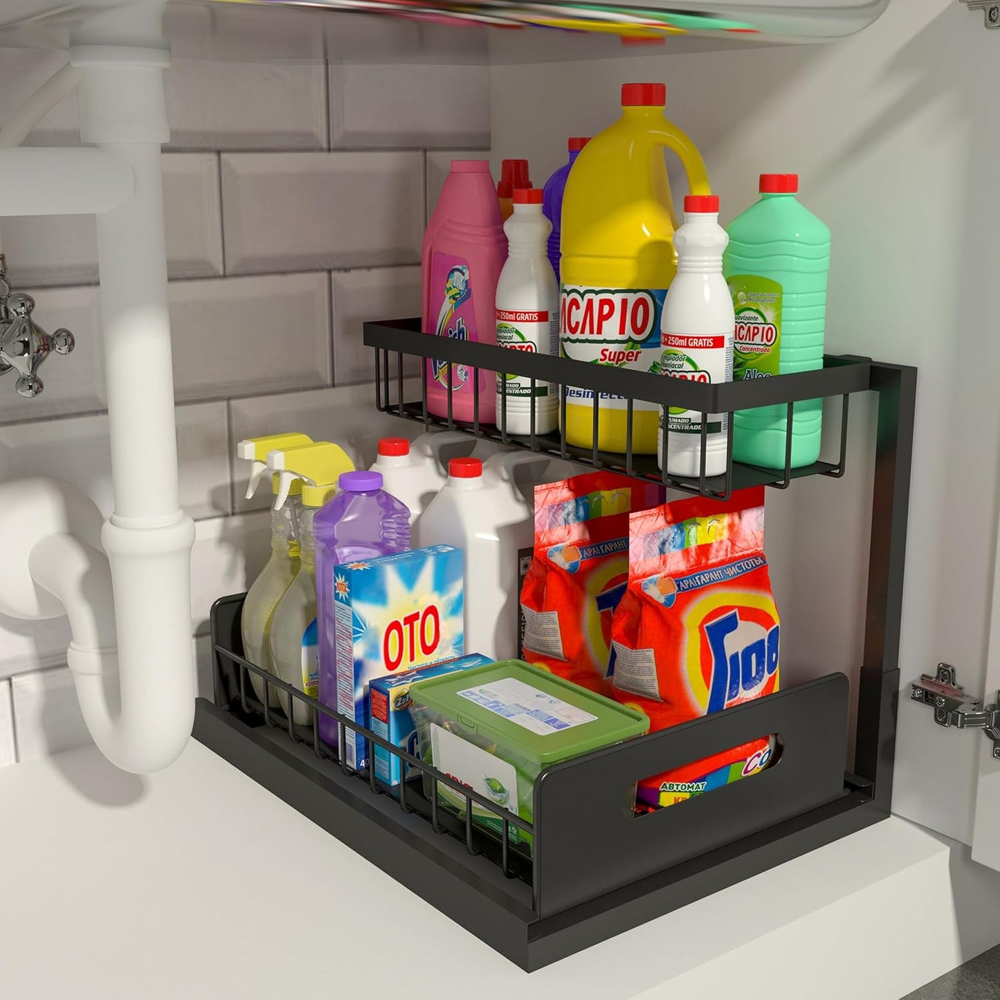 L-shaped under sink organizer with sliding drawer and tall bottles

Organizer under kitchen sink showing fit around plumbing

Close-up of smooth-sliding drawer design

Organizer loaded with cleaning supplies and sponges

Multi-angle view of assembled rack in modern kitchen