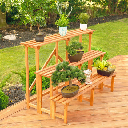 Front view of 4FT 3-tier wooden plant stand

Rustic wooden plant display shelf for outdoor use

Three-tier plant stand holding potted plants

Indoor wooden plant organizer with brown finish

Collapsible garden display rack for patio and balcony