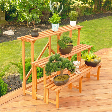 Front view of 4FT 3-tier wooden plant stand

Rustic wooden plant display shelf for outdoor use

Three-tier plant stand holding potted plants

Indoor wooden plant organizer with brown finish

Collapsible garden display rack for patio and balcony