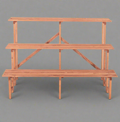 Front view of 4FT 3-tier wooden plant stand

Rustic wooden plant display shelf for outdoor use

Three-tier plant stand holding potted plants

Indoor wooden plant organizer with brown finish

Collapsible garden display rack for patio and balcony