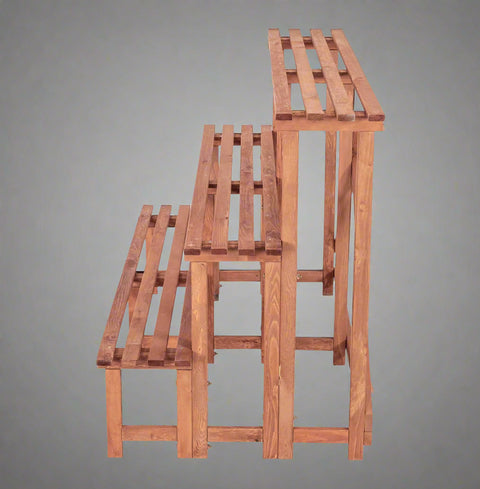 Front view of 4FT 3-tier wooden plant stand

Rustic wooden plant display shelf for outdoor use

Three-tier plant stand holding potted plants

Indoor wooden plant organizer with brown finish

Collapsible garden display rack for patio and balcony