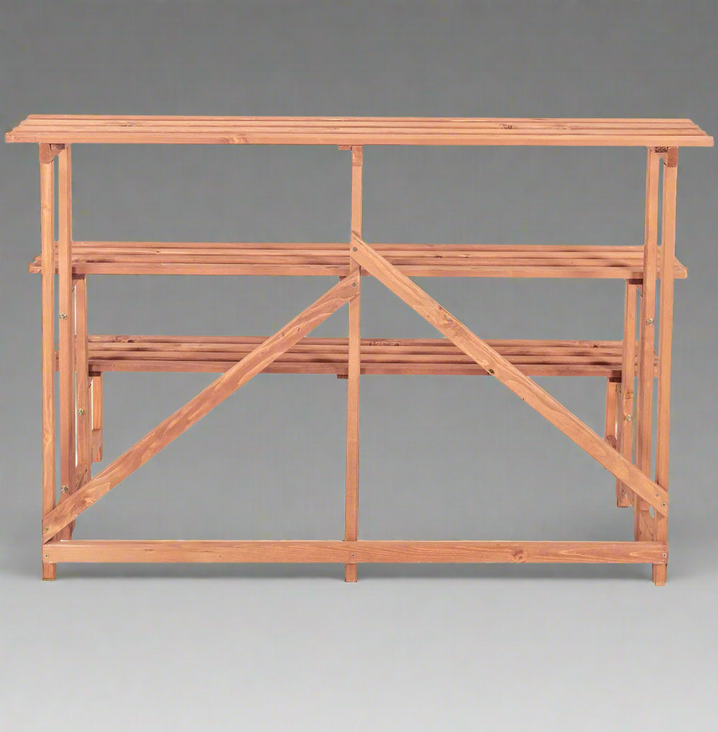 Front view of 4FT 3-tier wooden plant stand

Rustic wooden plant display shelf for outdoor use

Three-tier plant stand holding potted plants

Indoor wooden plant organizer with brown finish

Collapsible garden display rack for patio and balcony