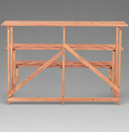 Front view of 4FT 3-tier wooden plant stand

Rustic wooden plant display shelf for outdoor use

Three-tier plant stand holding potted plants

Indoor wooden plant organizer with brown finish

Collapsible garden display rack for patio and balcony
