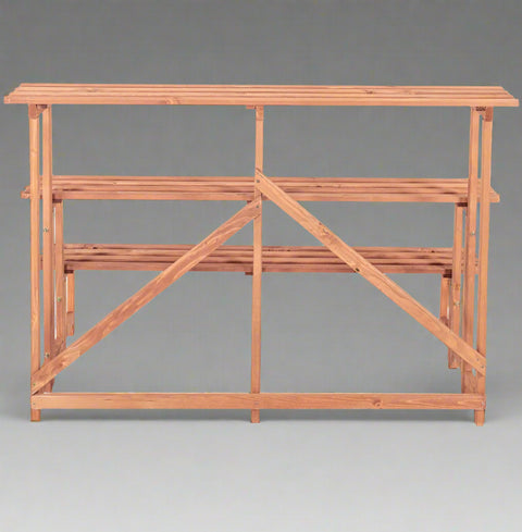 Front view of 4FT 3-tier wooden plant stand

Rustic wooden plant display shelf for outdoor use

Three-tier plant stand holding potted plants

Indoor wooden plant organizer with brown finish

Collapsible garden display rack for patio and balcony