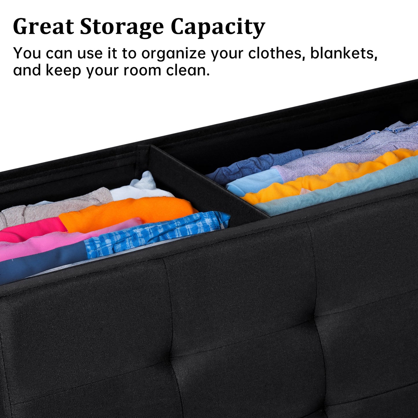 Large foldable black ottoman bench with tufted top
Hidden storage chest bench for bedroom or hallway
Black storage ottoman with modern tufted seat design