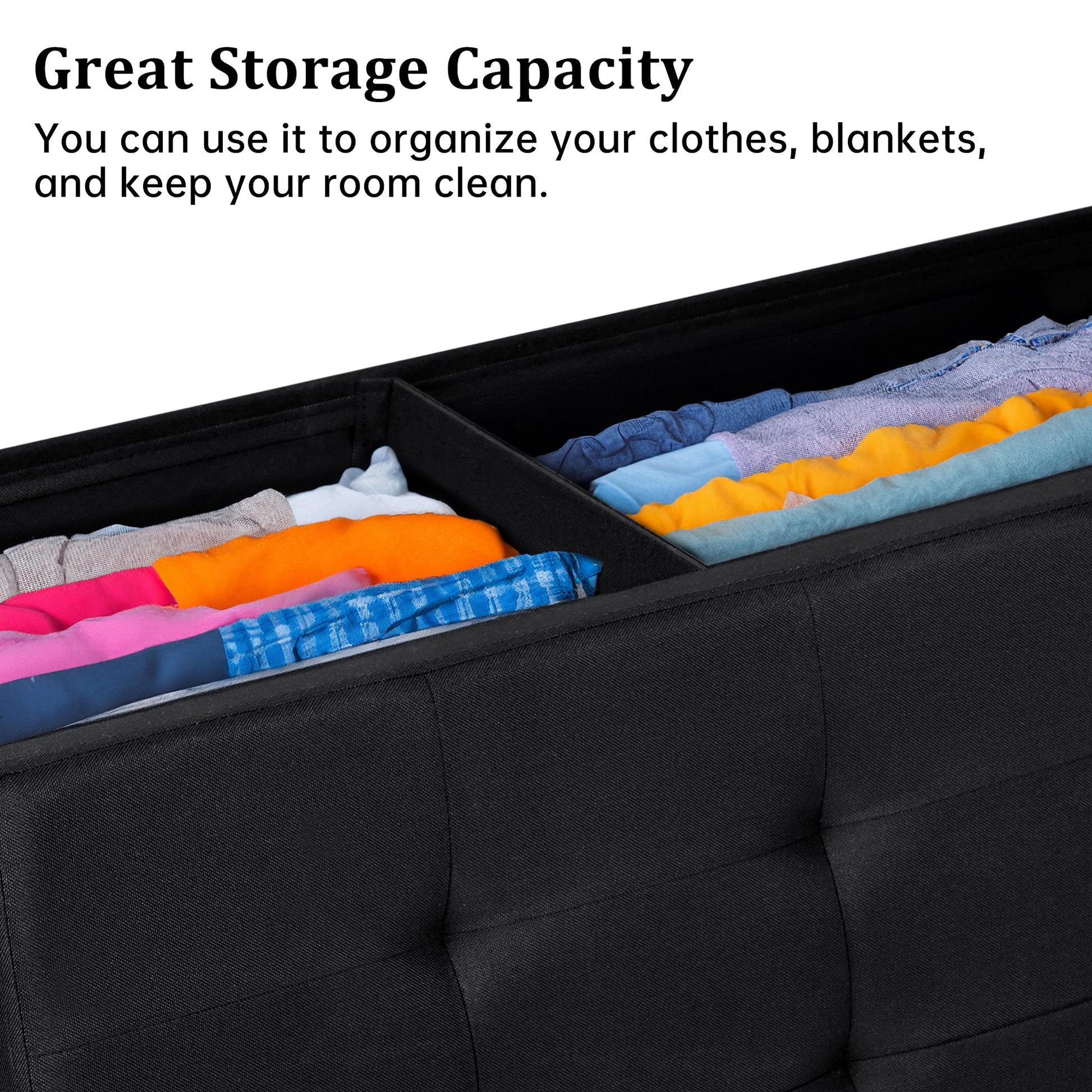 Large foldable black ottoman bench with tufted top
Hidden storage chest bench for bedroom or hallway
Black storage ottoman with modern tufted seat design