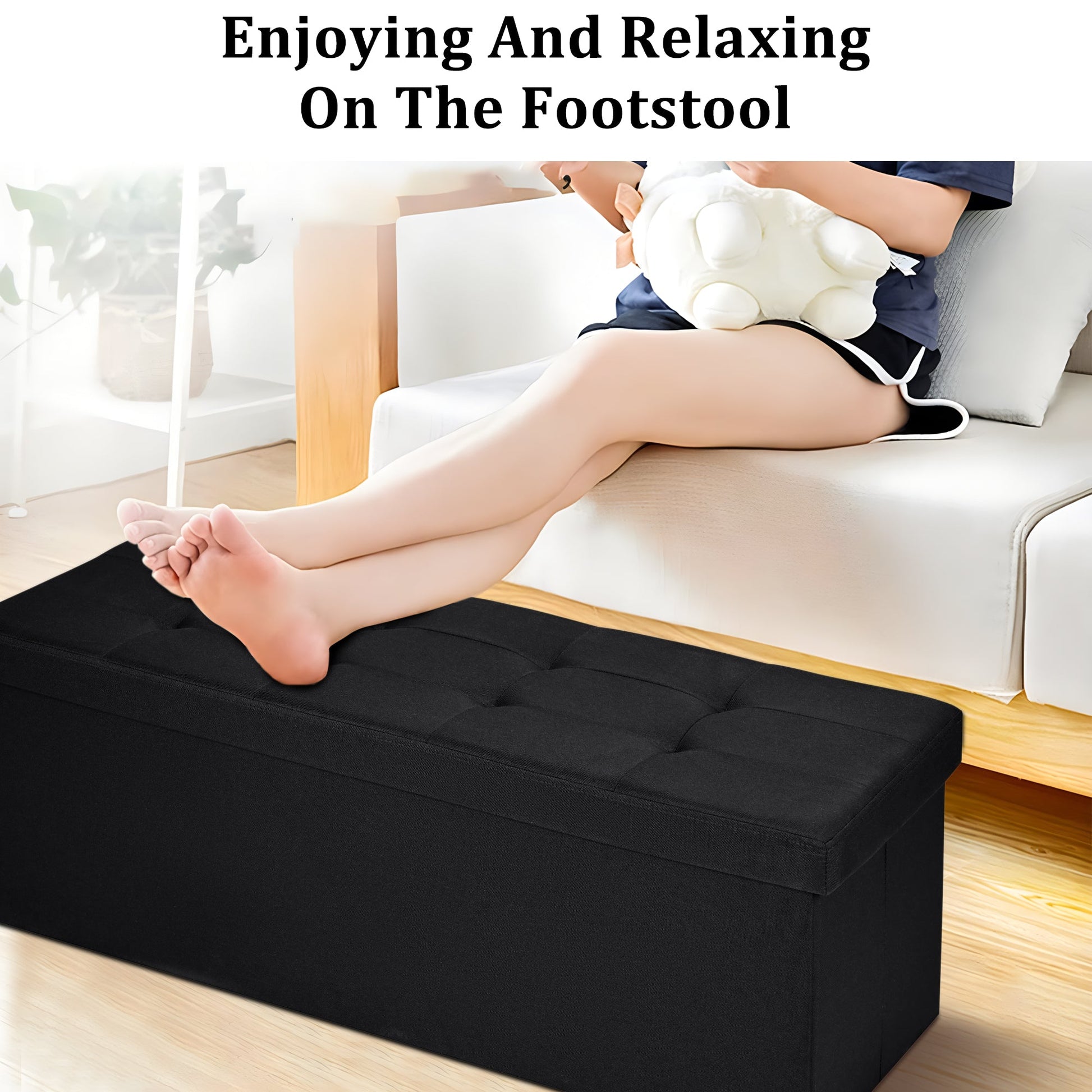 Large foldable black ottoman bench with tufted top
Hidden storage chest bench for bedroom or hallway
Black storage ottoman with modern tufted seat design