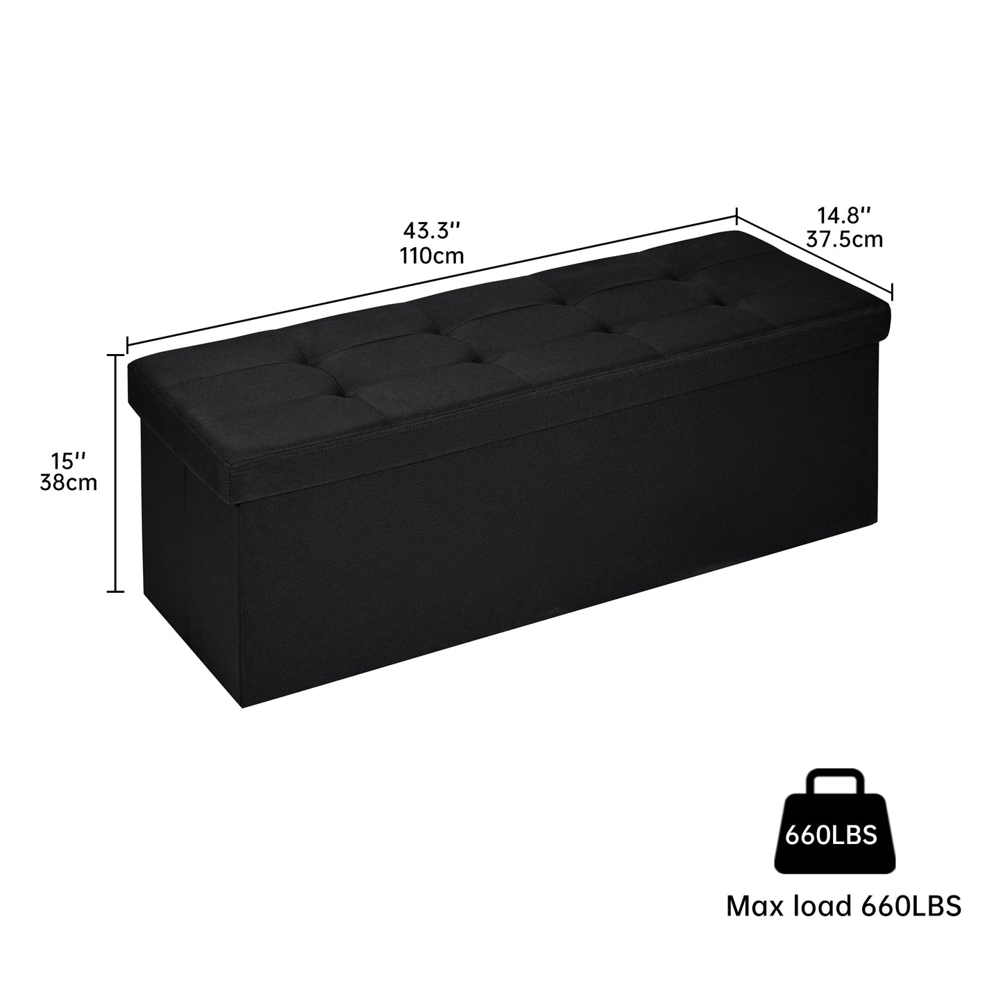 Large foldable black ottoman bench with tufted top
Hidden storage chest bench for bedroom or hallway
Black storage ottoman with modern tufted seat design