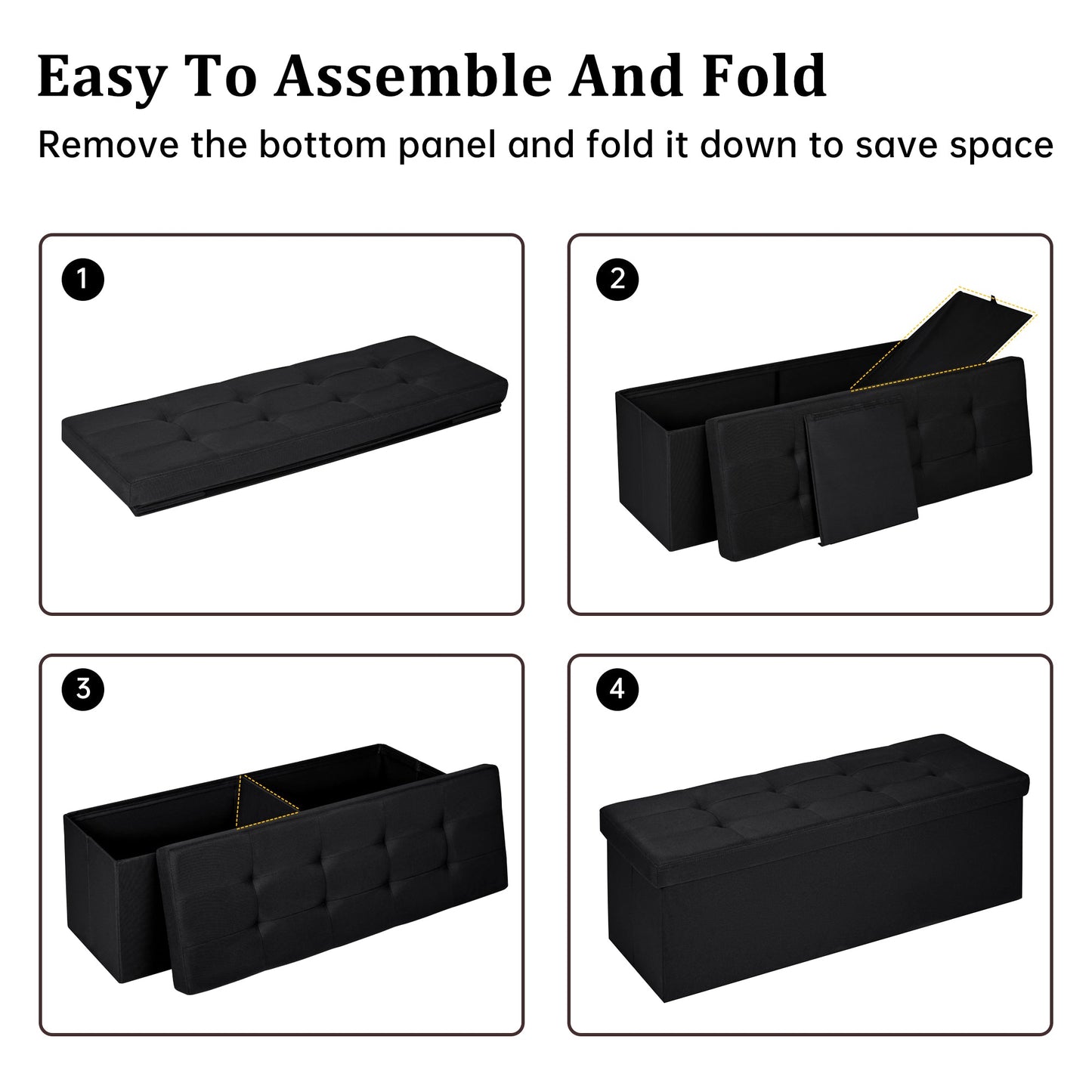 Large foldable black ottoman bench with tufted top
Hidden storage chest bench for bedroom or hallway
Black storage ottoman with modern tufted seat design