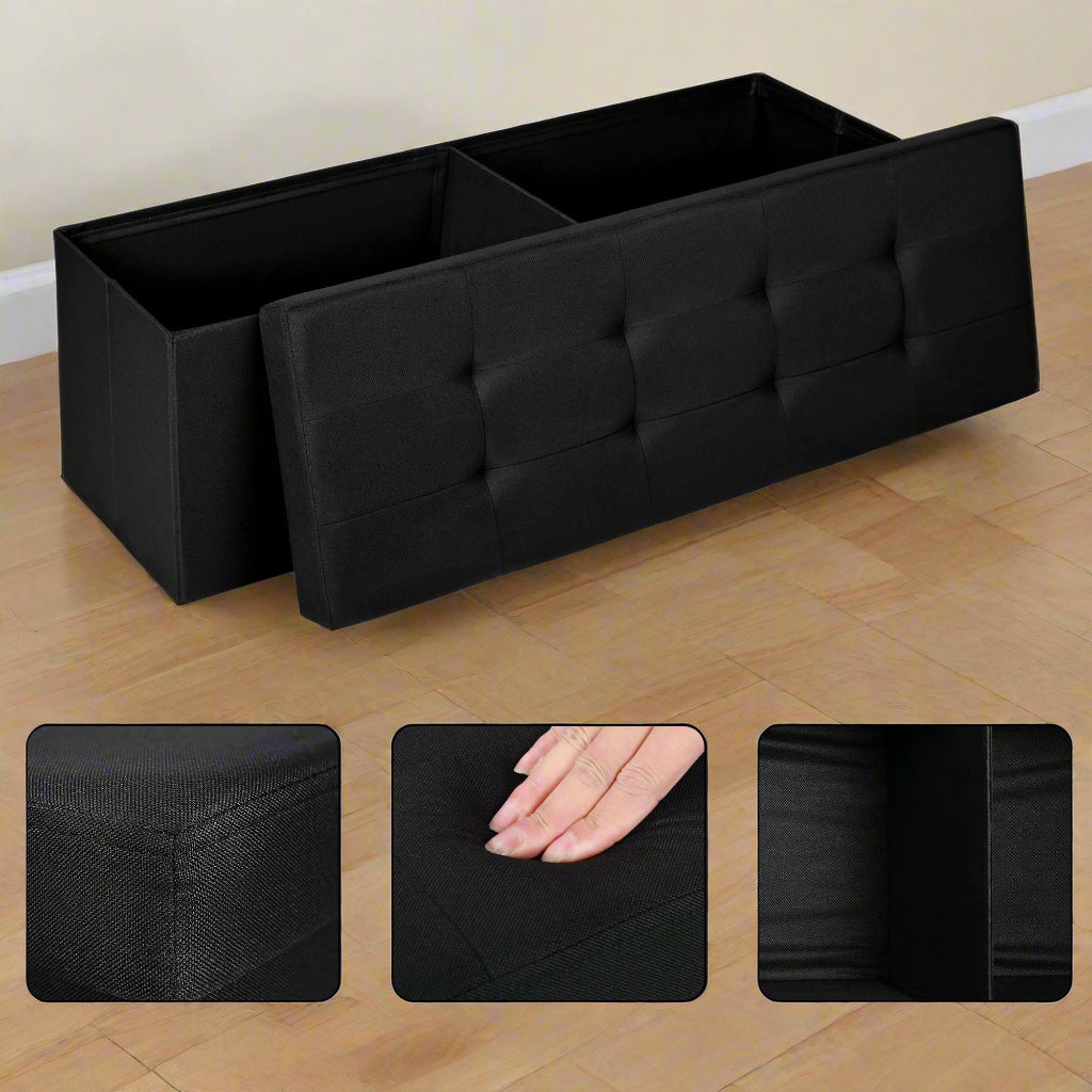 Large foldable black ottoman bench with tufted top
Hidden storage chest bench for bedroom or hallway
Black storage ottoman with modern tufted seat design