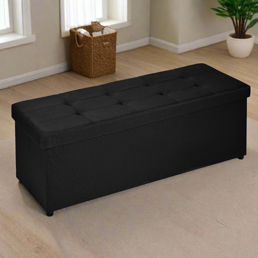 Large foldable black ottoman bench with tufted top
Hidden storage chest bench for bedroom or hallway
Black storage ottoman with modern tufted seat design