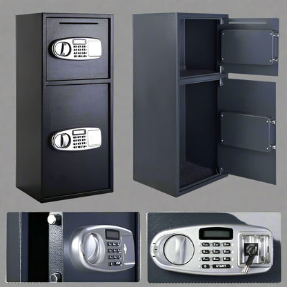 Double Door Digital Safe – Front View

Internal View of Dual Compartments

Safe with Open Drop Slot

Keypad Lock Close-Up

Steel Safe Mounted in Store

Secure Heavy-Duty Cash Safe

Interior with Included Keys