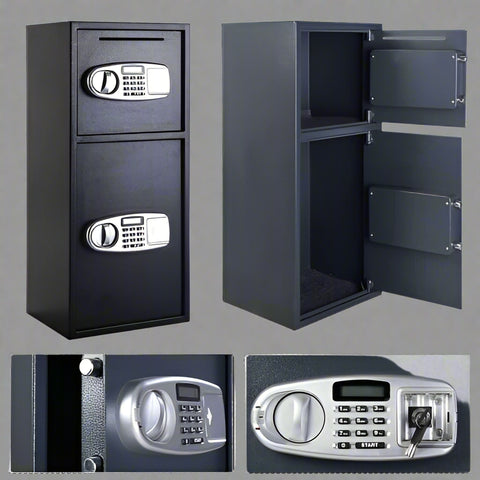 Double Door Digital Safe – Front View

Internal View of Dual Compartments

Safe with Open Drop Slot

Keypad Lock Close-Up

Steel Safe Mounted in Store

Secure Heavy-Duty Cash Safe

Interior with Included Keys