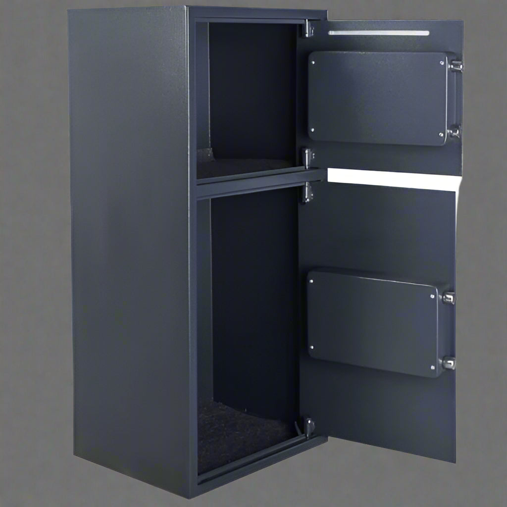 Double Door Digital Safe – Front View

Internal View of Dual Compartments

Safe with Open Drop Slot

Keypad Lock Close-Up

Steel Safe Mounted in Store

Secure Heavy-Duty Cash Safe

Interior with Included Keys