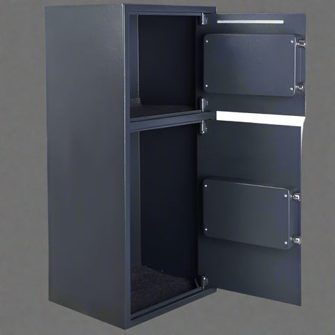 Double Door Digital Safe – Front View

Internal View of Dual Compartments

Safe with Open Drop Slot

Keypad Lock Close-Up

Steel Safe Mounted in Store

Secure Heavy-Duty Cash Safe

Interior with Included Keys