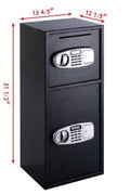 Double Door Digital Safe – Front View

Internal View of Dual Compartments

Safe with Open Drop Slot

Keypad Lock Close-Up

Steel Safe Mounted in Store

Secure Heavy-Duty Cash Safe

Interior with Included Keys