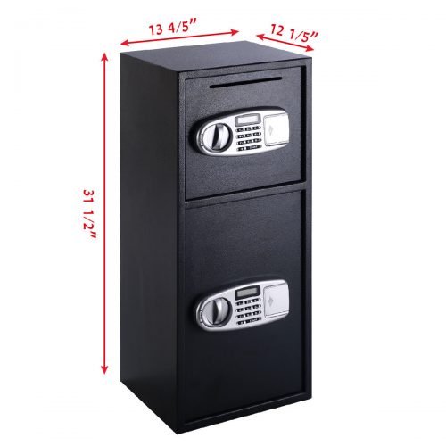 Double Door Digital Safe – Front View

Internal View of Dual Compartments

Safe with Open Drop Slot

Keypad Lock Close-Up

Steel Safe Mounted in Store

Secure Heavy-Duty Cash Safe

Interior with Included Keys