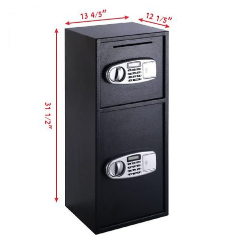 Double Door Digital Safe – Front View

Internal View of Dual Compartments

Safe with Open Drop Slot

Keypad Lock Close-Up

Steel Safe Mounted in Store

Secure Heavy-Duty Cash Safe

Interior with Included Keys