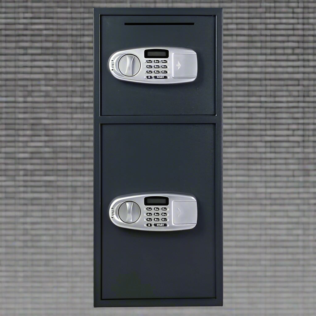 Double Door Digital Safe – Front View

Internal View of Dual Compartments

Safe with Open Drop Slot

Keypad Lock Close-Up

Steel Safe Mounted in Store

Secure Heavy-Duty Cash Safe

Interior with Included Keys
