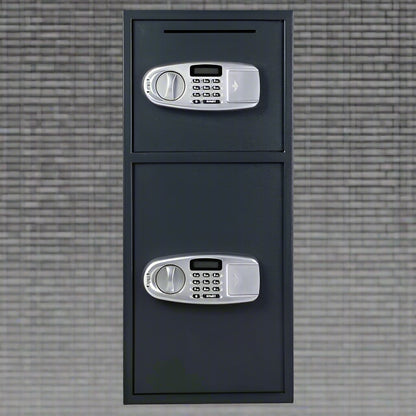 Double Door Digital Safe – Front View

Internal View of Dual Compartments

Safe with Open Drop Slot

Keypad Lock Close-Up

Steel Safe Mounted in Store

Secure Heavy-Duty Cash Safe

Interior with Included Keys