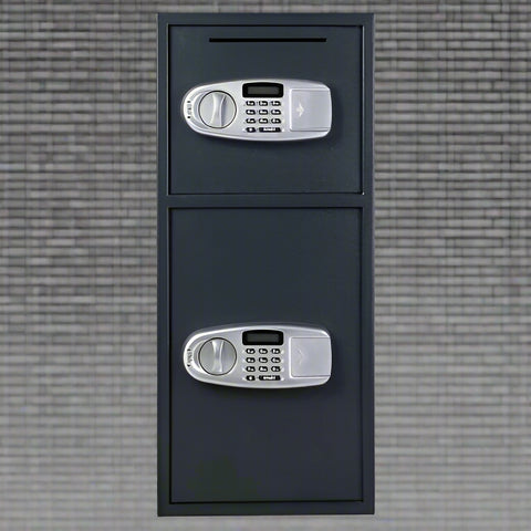 Double Door Digital Safe – Front View

Internal View of Dual Compartments

Safe with Open Drop Slot

Keypad Lock Close-Up

Steel Safe Mounted in Store

Secure Heavy-Duty Cash Safe

Interior with Included Keys
