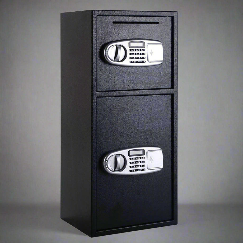 Double Door Digital Safe – Front View

Internal View of Dual Compartments

Safe with Open Drop Slot

Keypad Lock Close-Up

Steel Safe Mounted in Store

Secure Heavy-Duty Cash Safe

Interior with Included Keys