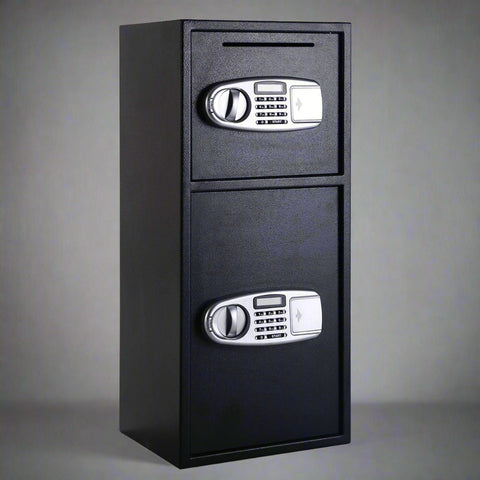 Double Door Digital Safe – Front View

Internal View of Dual Compartments

Safe with Open Drop Slot

Keypad Lock Close-Up

Steel Safe Mounted in Store

Secure Heavy-Duty Cash Safe

Interior with Included Keys