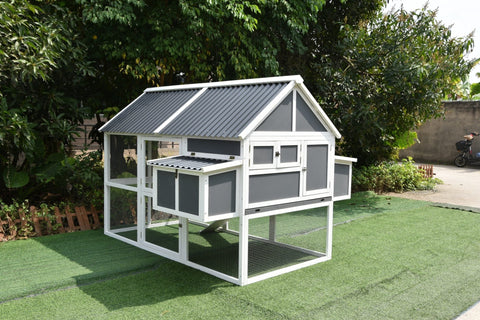 Large gray wooden chicken coop with nesting box and run for backyard poultry