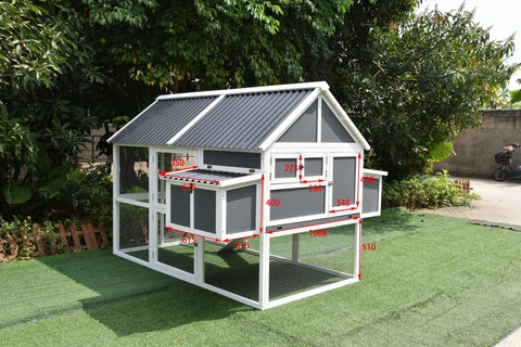 Outdoor rabbit hutch and chicken house with weather-resistant gray paint