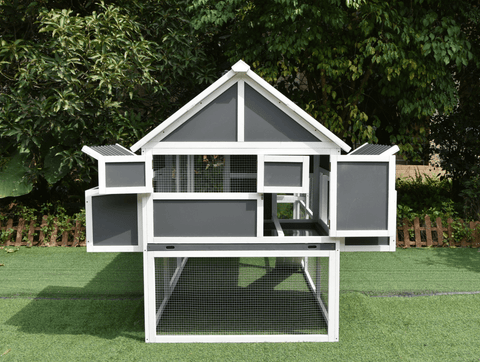 Gray backyard chicken run with multiple access points and predator-proof design