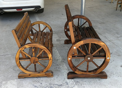 “Rustic wooden bench with wagon wheel arms”

“Farmhouse-style outdoor bench for patio”

“Burnt wood garden bench with natural finish”

“Weather-resistant wagon wheel bench WGB62”