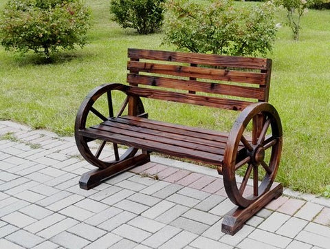 “Rustic wooden bench with wagon wheel arms”

“Farmhouse-style outdoor bench for patio”

“Burnt wood garden bench with natural finish”

“Weather-resistant wagon wheel bench WGB62”