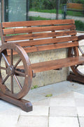 “Rustic wooden bench with wagon wheel arms”

“Farmhouse-style outdoor bench for patio”

“Burnt wood garden bench with natural finish”

“Weather-resistant wagon wheel bench WGB62”