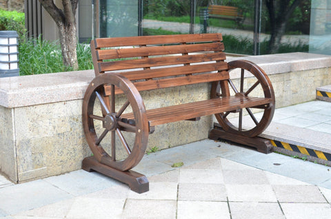 “Rustic wooden bench with wagon wheel arms”

“Farmhouse-style outdoor bench for patio”

“Burnt wood garden bench with natural finish”

“Weather-resistant wagon wheel bench WGB62”