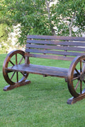 “Rustic wooden bench with wagon wheel arms”

“Farmhouse-style outdoor bench for patio”

“Burnt wood garden bench with natural finish”

“Weather-resistant wagon wheel bench WGB62”