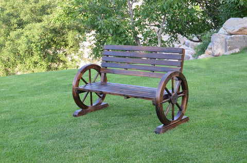 “Rustic wooden bench with wagon wheel arms”

“Farmhouse-style outdoor bench for patio”

“Burnt wood garden bench with natural finish”

“Weather-resistant wagon wheel bench WGB62”