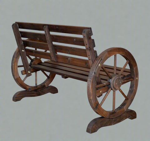 “Rustic wooden bench with wagon wheel arms”

“Farmhouse-style outdoor bench for patio”

“Burnt wood garden bench with natural finish”

“Weather-resistant wagon wheel bench WGB62”