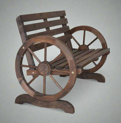 “Rustic wooden bench with wagon wheel arms”

“Farmhouse-style outdoor bench for patio”

“Burnt wood garden bench with natural finish”

“Weather-resistant wagon wheel bench WGB62”