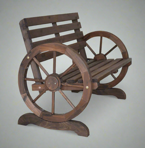 “Rustic wooden bench with wagon wheel arms”

“Farmhouse-style outdoor bench for patio”

“Burnt wood garden bench with natural finish”

“Weather-resistant wagon wheel bench WGB62”
