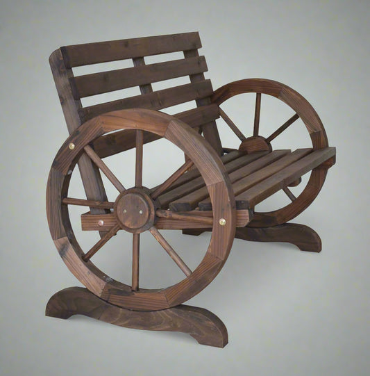 “Rustic wooden bench with wagon wheel arms”

“Farmhouse-style outdoor bench for patio”

“Burnt wood garden bench with natural finish”

“Weather-resistant wagon wheel bench WGB62”