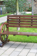 “Rustic wooden bench with wagon wheel arms”

“Farmhouse-style outdoor bench for patio”

“Burnt wood garden bench with natural finish”

“Weather-resistant wagon wheel bench WGB62”