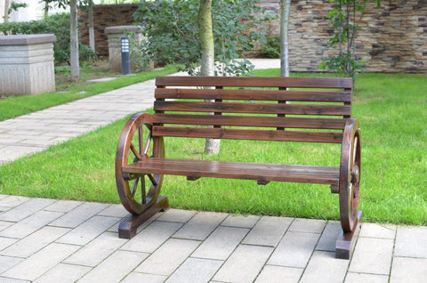 “Rustic wooden bench with wagon wheel arms”

“Farmhouse-style outdoor bench for patio”

“Burnt wood garden bench with natural finish”

“Weather-resistant wagon wheel bench WGB62”