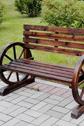 “Rustic wooden bench with wagon wheel arms”

“Farmhouse-style outdoor bench for patio”

“Burnt wood garden bench with natural finish”

“Weather-resistant wagon wheel bench WGB62”