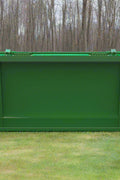 Front view of green 96-inch snow and mulch bucket for John Deere tractors
Side view of reinforced high-capacity tractor loader bucket
