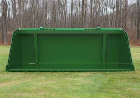 Front view of green 96-inch snow and mulch bucket for John Deere tractors
Side view of reinforced high-capacity tractor loader bucket