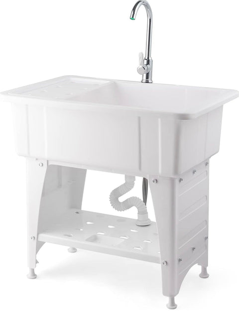 New Large White Utility Sink Laundry Tub with Stainless Steel Faucet – Durable Freestanding Laundry Sink 8575910 - with | Sold by Uncle Wiener's Wholesale