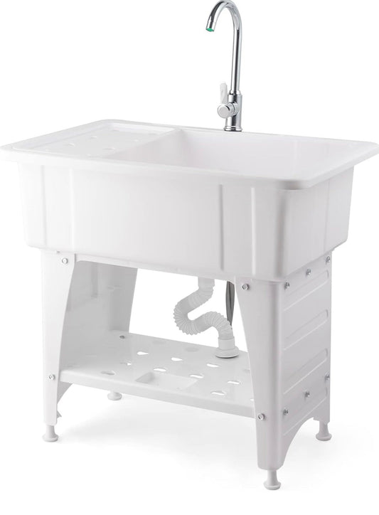 New Large White Utility Sink Laundry Tub with Stainless Steel Faucet – Durable Freestanding Laundry Sink 8575910 - with | Sold by Uncle Wiener's Wholesale