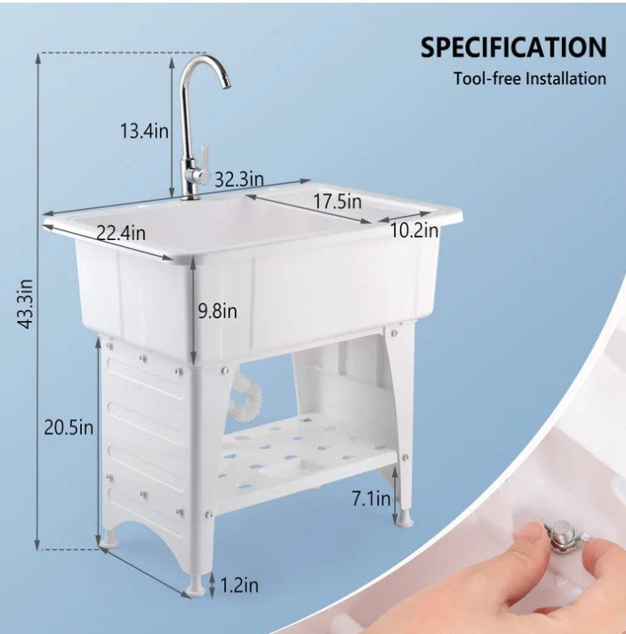 New Large White Utility Sink Laundry Tub with Stainless Steel Faucet – Durable Freestanding Laundry Sink 8575910 - with | Sold by Uncle Wiener's Wholesale